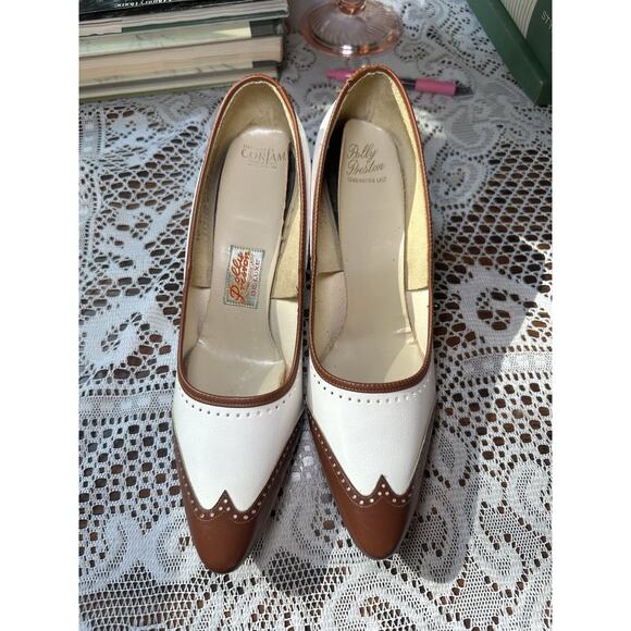 Vintage 1960s Polly Preston Oxford Wingtip Heels Shoes Brown Sz 10 Twee Pointed - Picture 1 of 12